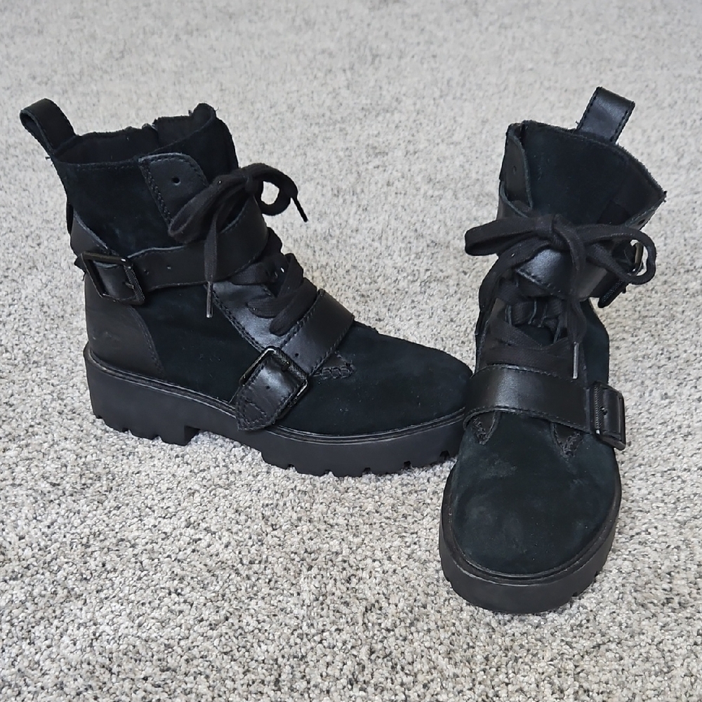 Black Ugg Combat Boots with Buckle Detail